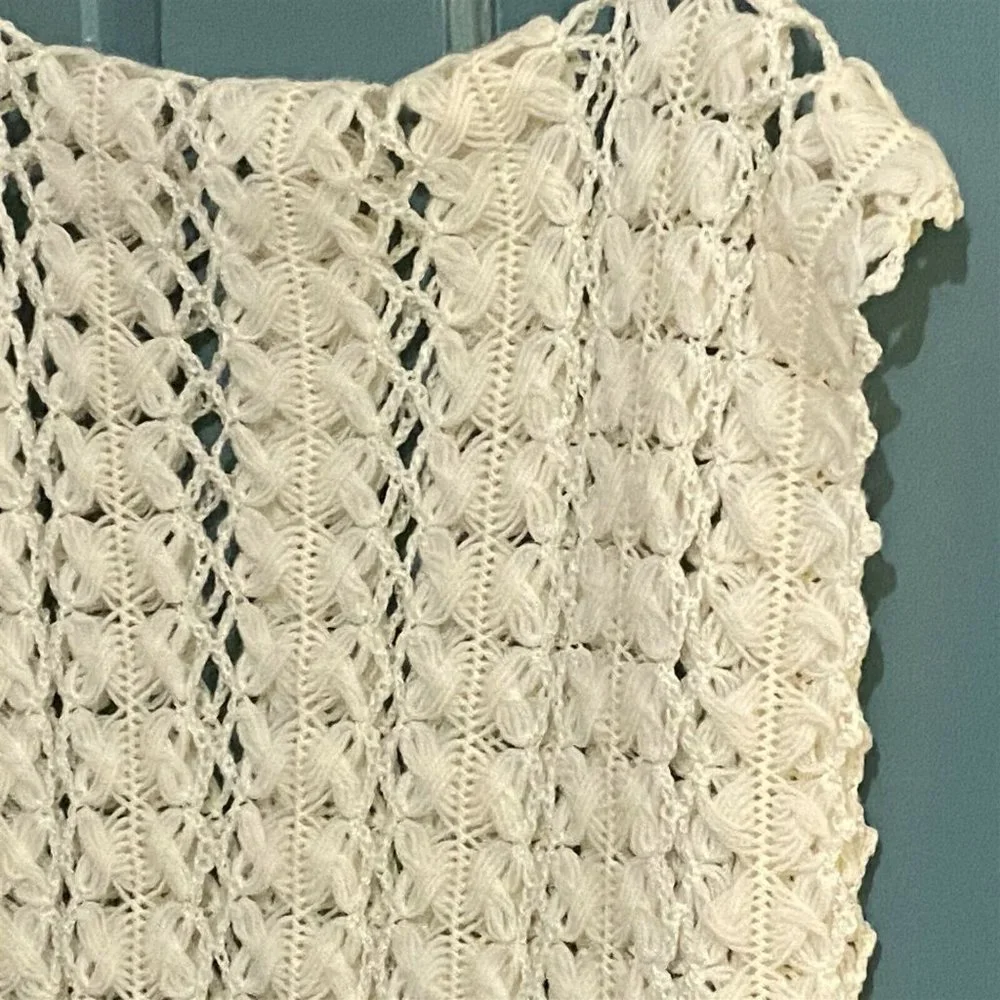 Vintage Lacey Shawl Wrap With Fringe Acrylic Openwork Pattern